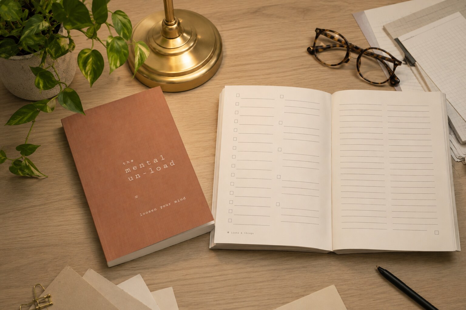 The Mental Un-load notebook beside an open lists-and-things spread