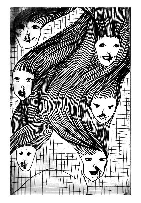 Top Models ink illustration of faces and flowing hair