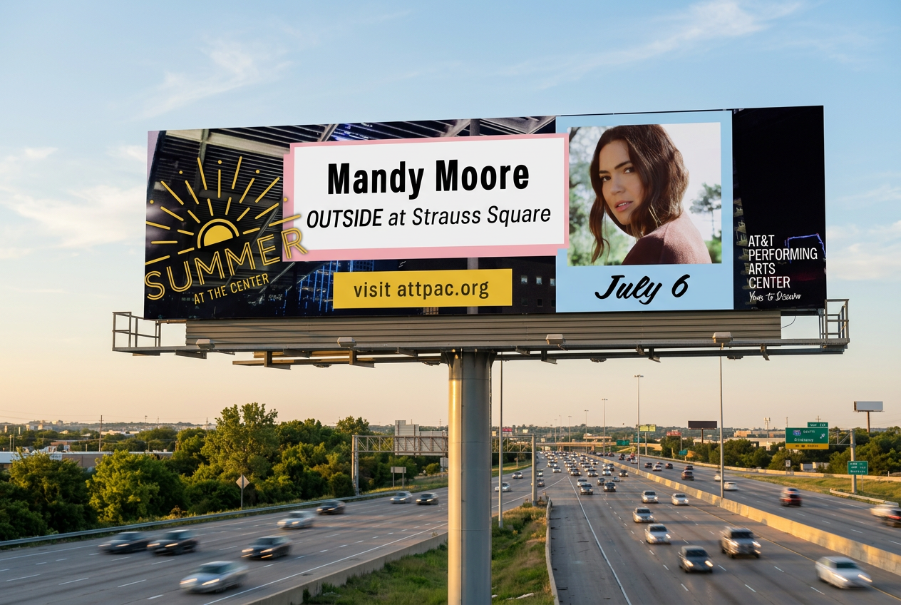 Mandy Moore billboard over a freeway at golden hour