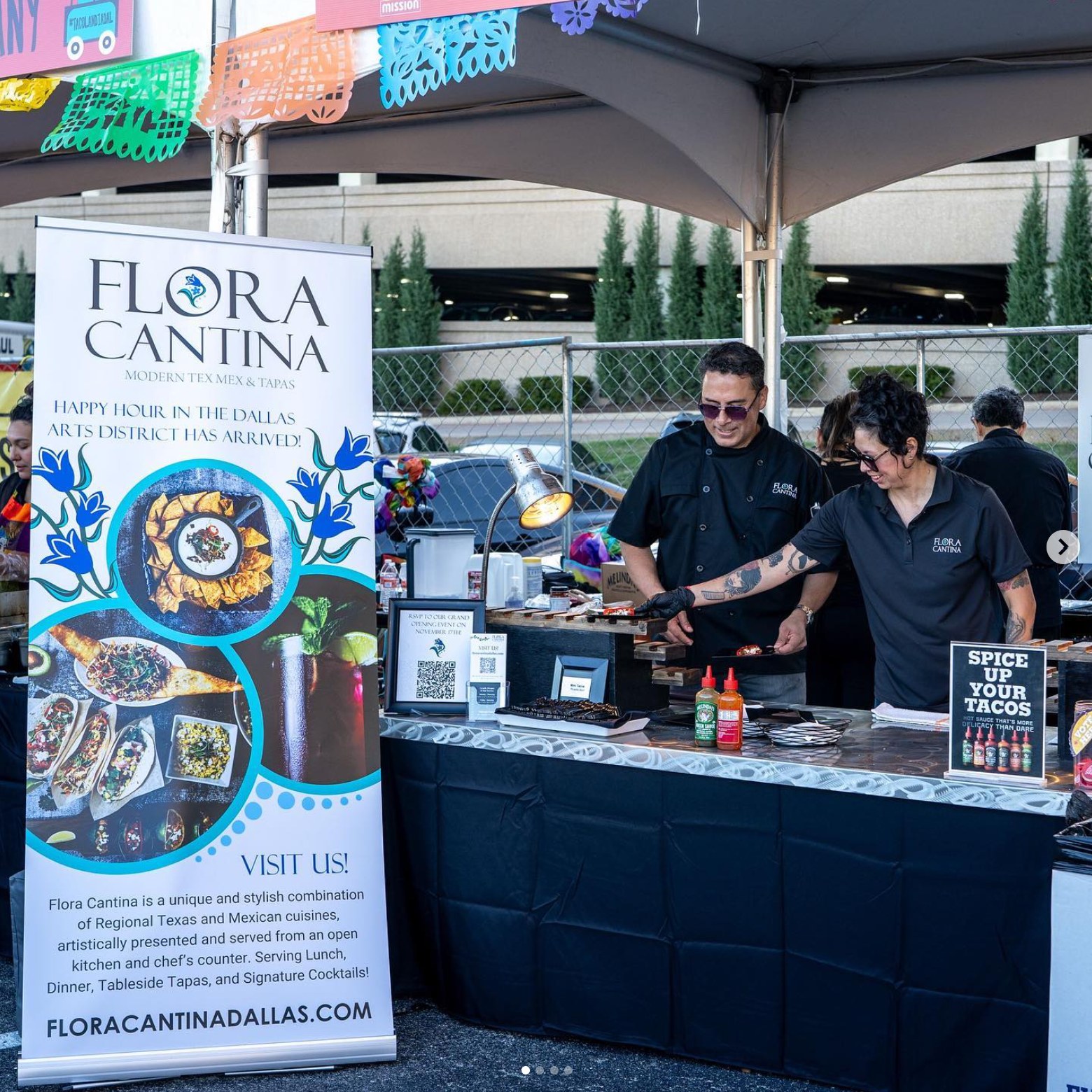 Flora Cantina banner at an event food booth in the Dallas Arts District