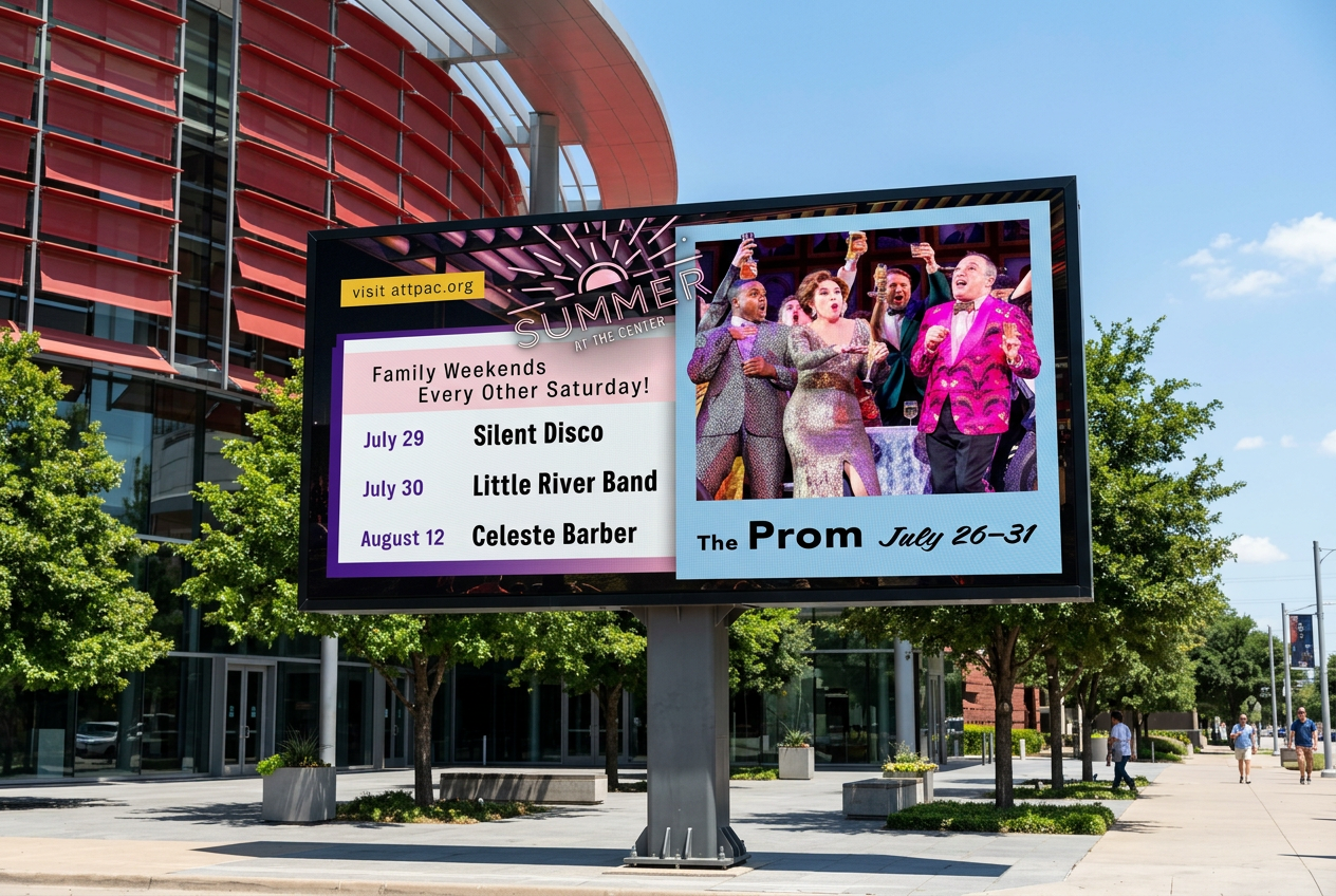 Wide LED marquee outside the performing arts center