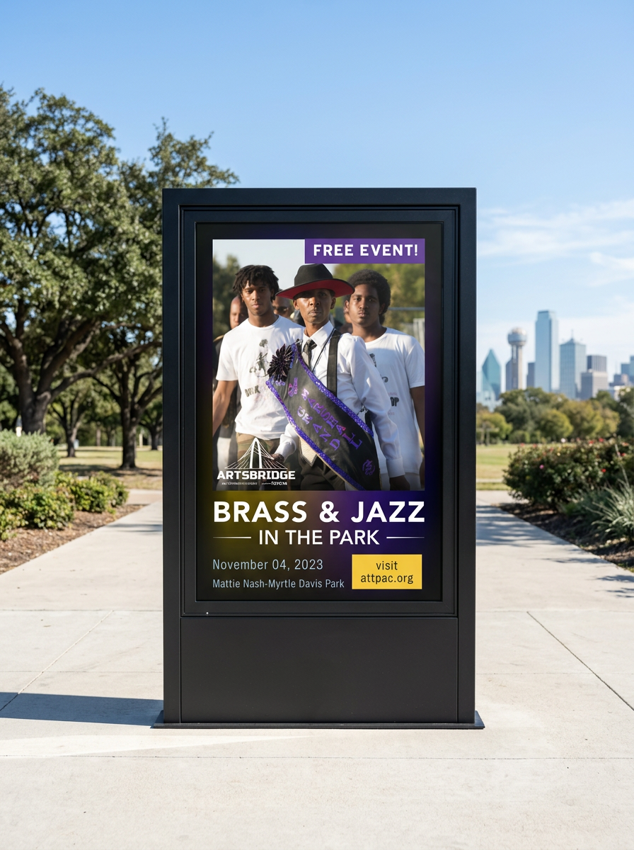 Brass and Jazz portrait sign in a park kiosk