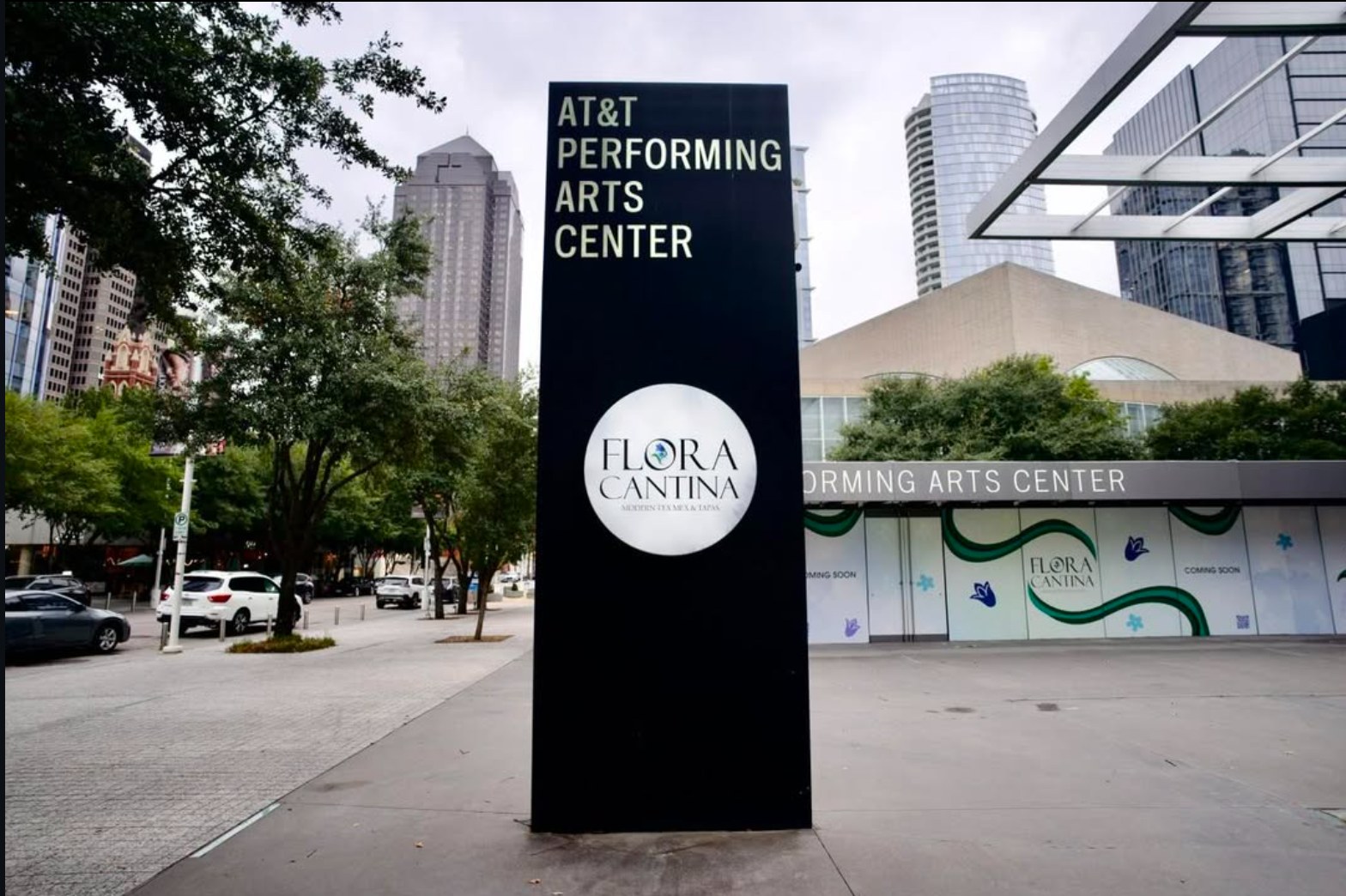 Flora Cantina logo on the AT&T Performing Arts Center sign
