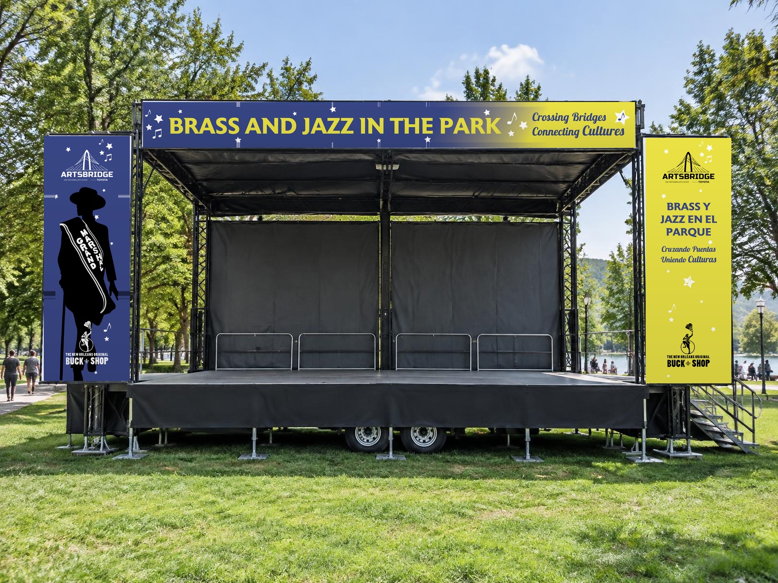 Outdoor daytime park stage dressed with Brass and Jazz banners